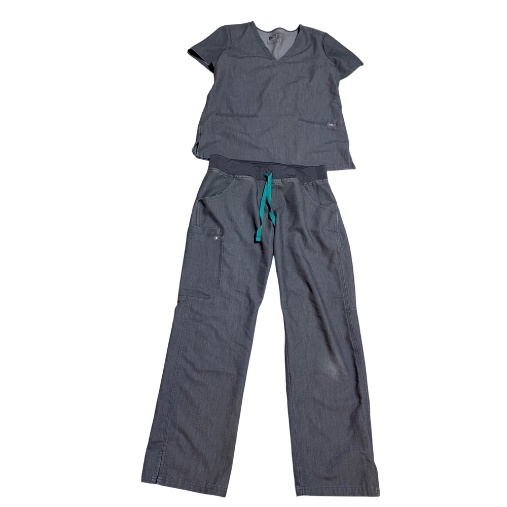 Figs Technical Collection Women Scrub Set Gray V-Neck Top Pants Size S Petite